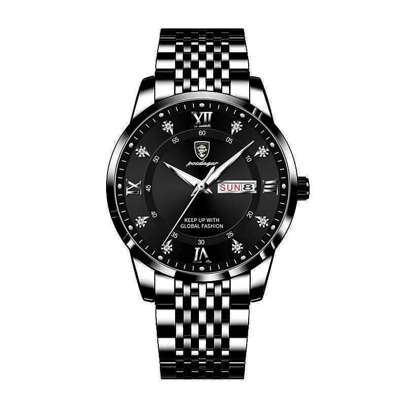 POEDAGAR Men Watch Stainless Steel Top Quailty Luxury Push Button Hidden Clasp Waterproof Luminous Date Week Sport Wrist Watches LF Comercio e Importações 836 BK BK S CN 