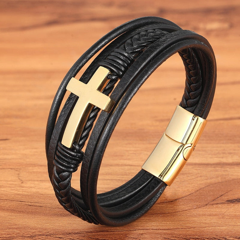 Pulseira Masculina Em Couro Genuíno Pulseira Masculina Em Couro Genuíno LF Comercio e Importações Dourada 19cm 